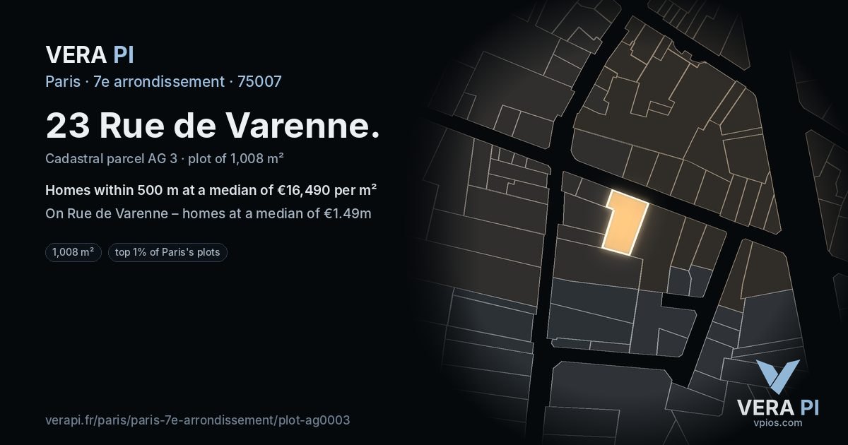 23 Rue de Varenne, 7e arrondissement at night – the plot lit, the parcels around coloured by the prices near them