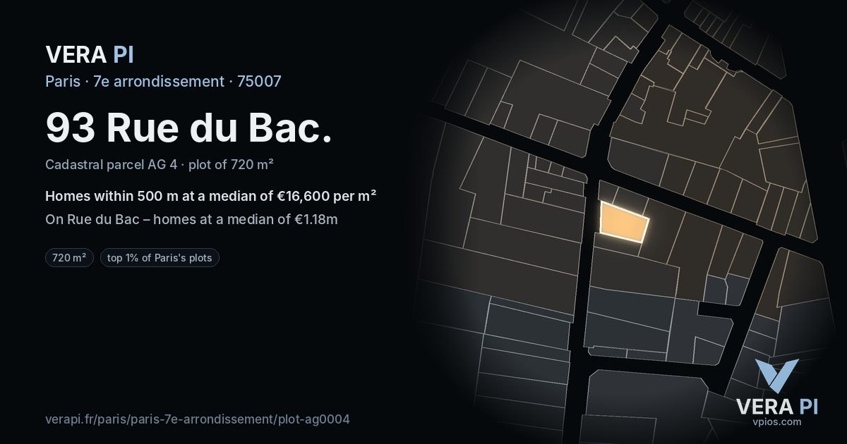 93 Rue du Bac, 7e arrondissement at night – the plot lit, the parcels around coloured by the prices near them