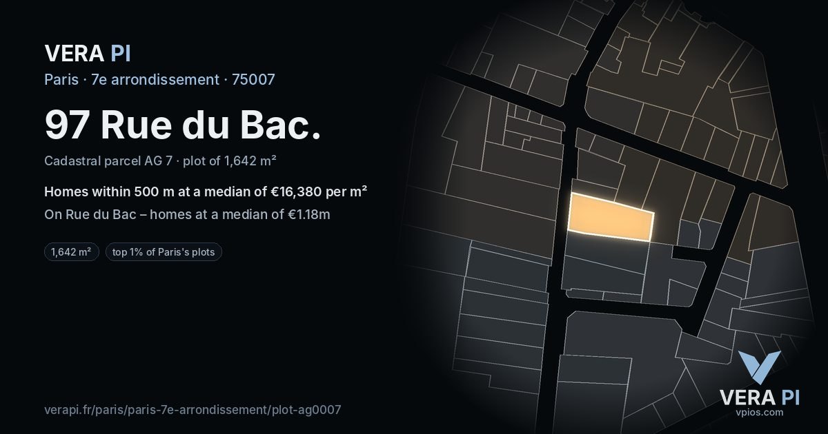 97 Rue du Bac, 7e arrondissement at night – the plot lit, the parcels around coloured by the prices near them