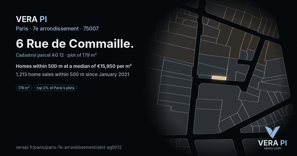 6 Rue de Commaille, 7e arrondissement at night – the plot lit, the parcels around coloured by the prices near them