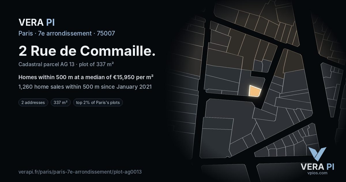 2 Rue de Commaille, 7e arrondissement at night – the plot lit, the parcels around coloured by the prices near them