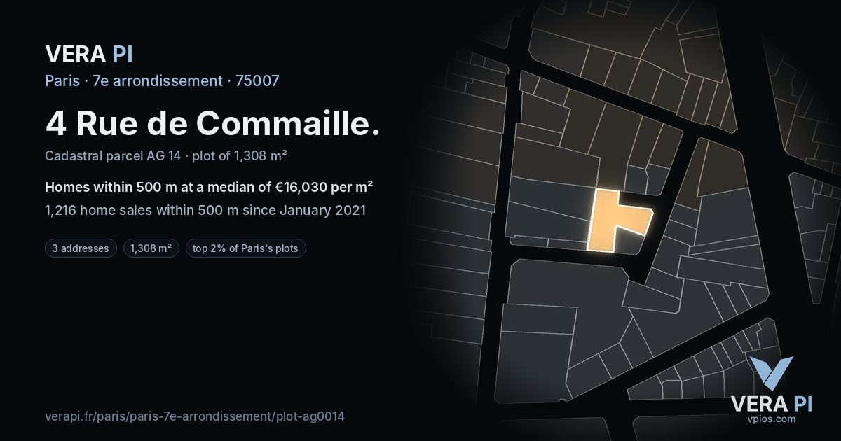 4 Rue de Commaille, 7e arrondissement at night – the plot lit, the parcels around coloured by the prices near them