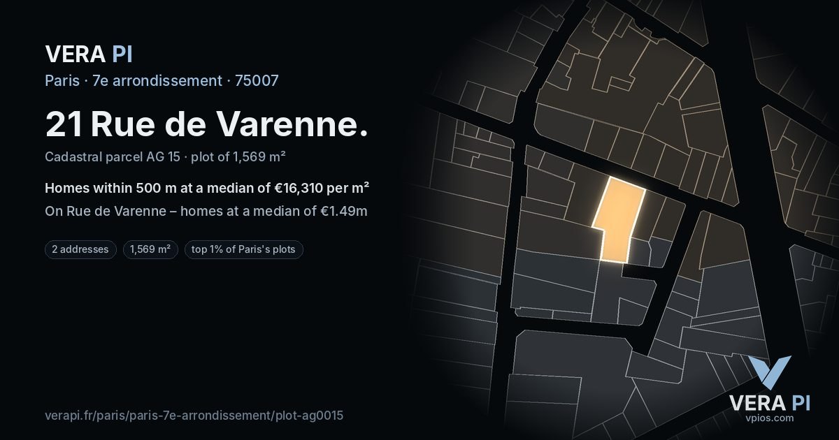 21 Rue de Varenne, 7e arrondissement at night – the plot lit, the parcels around coloured by the prices near them