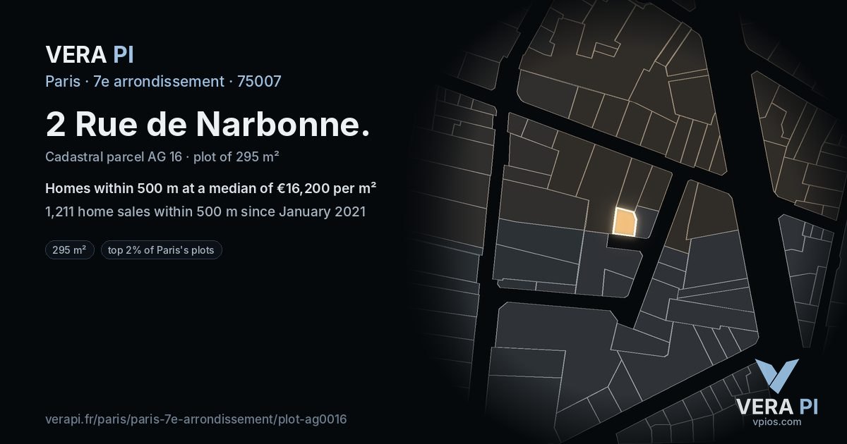 2 Rue de Narbonne, 7e arrondissement at night – the plot lit, the parcels around coloured by the prices near them