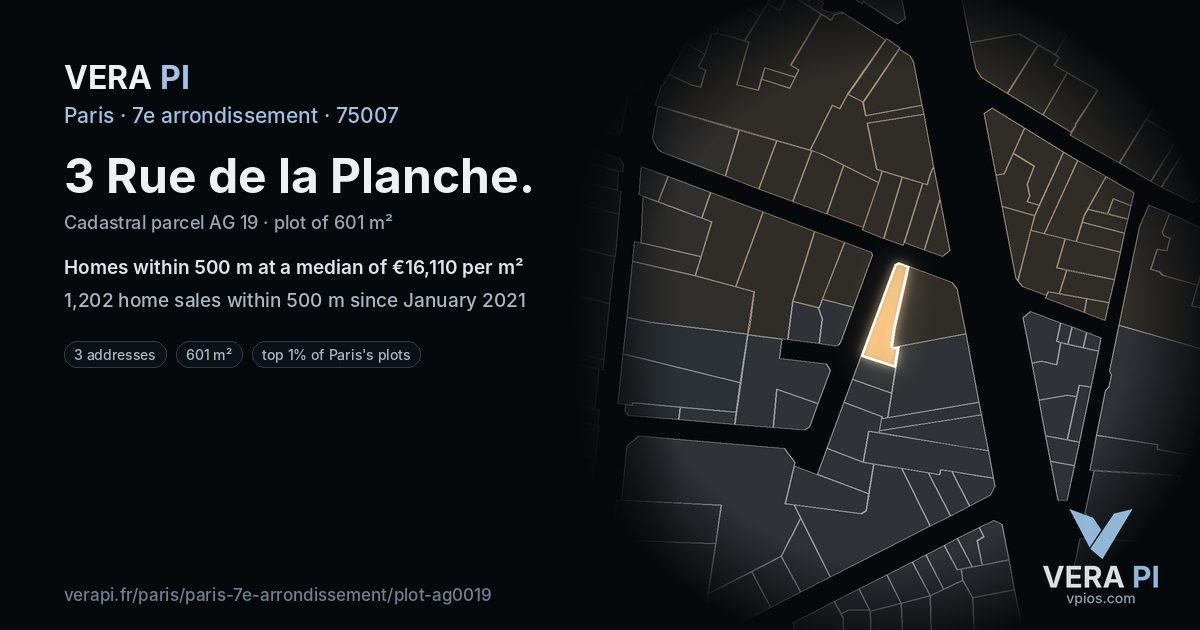 3 Rue de la Planche, 7e arrondissement at night – the plot lit, the parcels around coloured by the prices near them