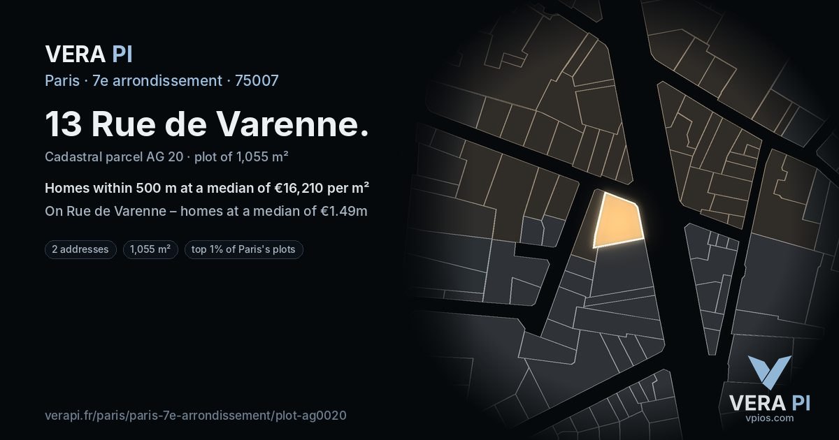 13 Rue de Varenne, 7e arrondissement at night – the plot lit, the parcels around coloured by the prices near them