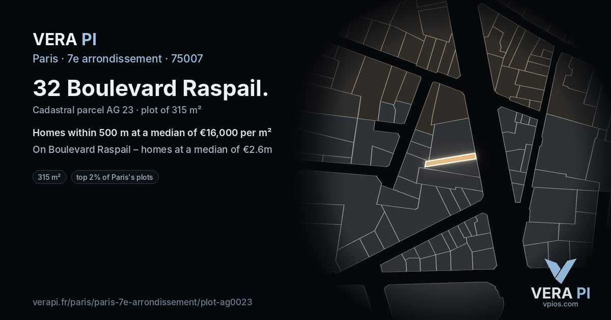 32 Boulevard Raspail, 7e arrondissement at night – the plot lit, the parcels around coloured by the prices near them