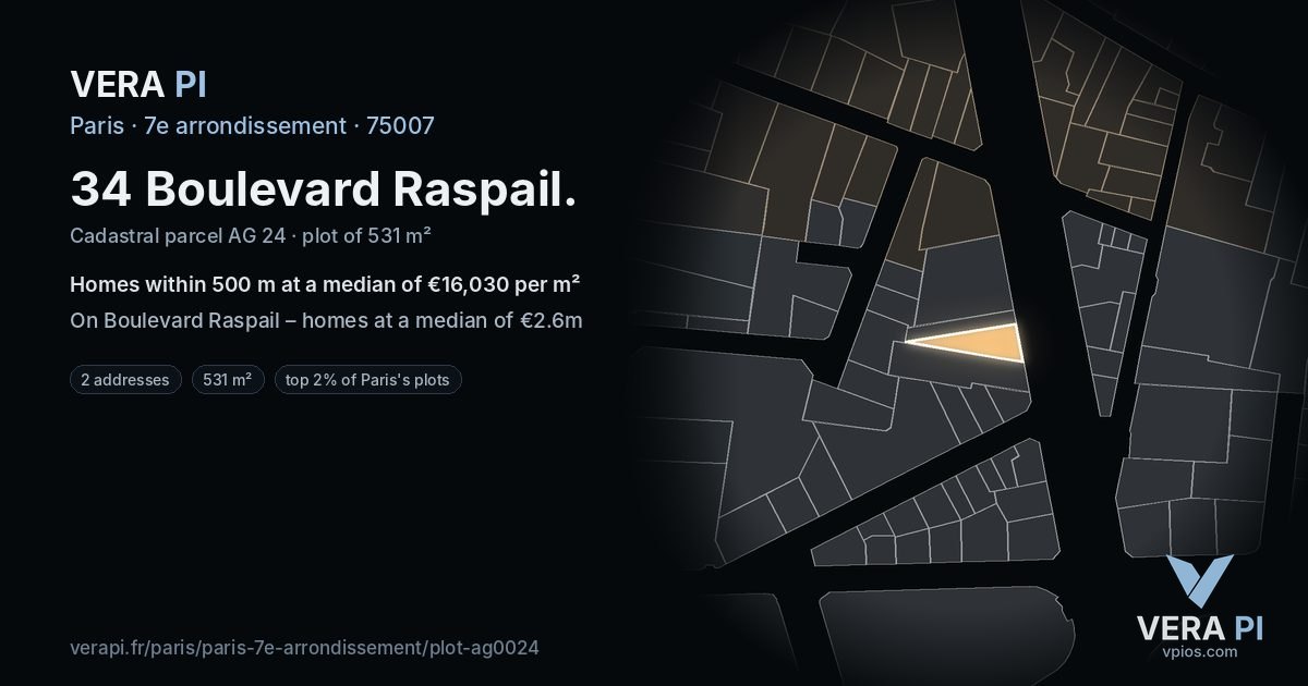 34 Boulevard Raspail, 7e arrondissement at night – the plot lit, the parcels around coloured by the prices near them
