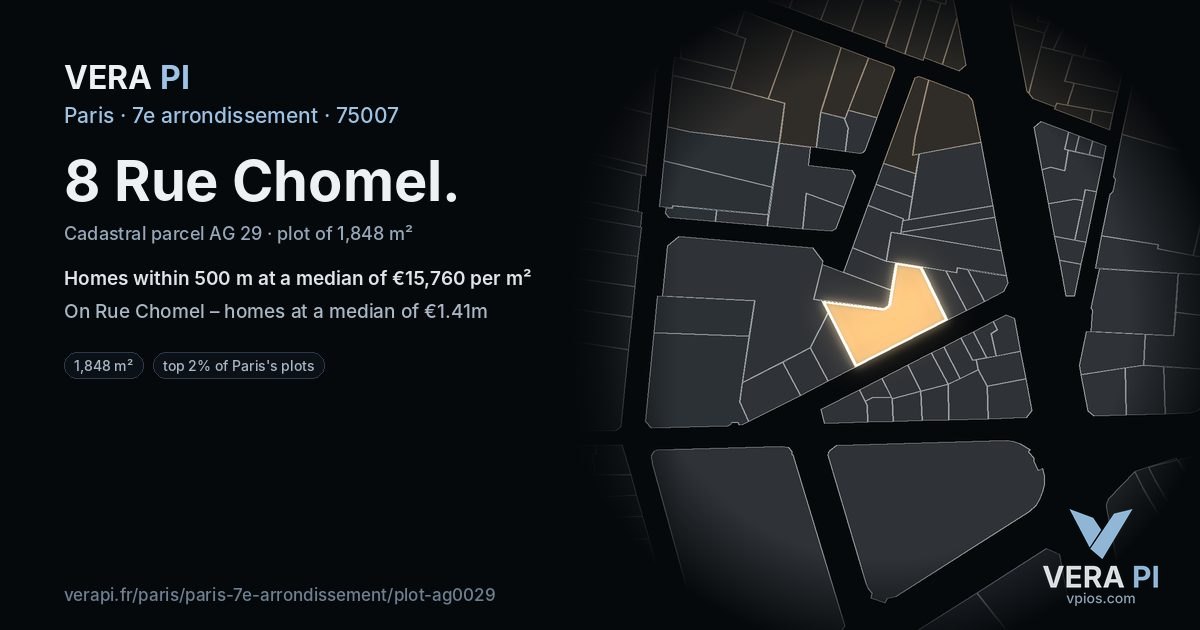 8 Rue Chomel, 7e arrondissement at night – the plot lit, the parcels around coloured by the prices near them