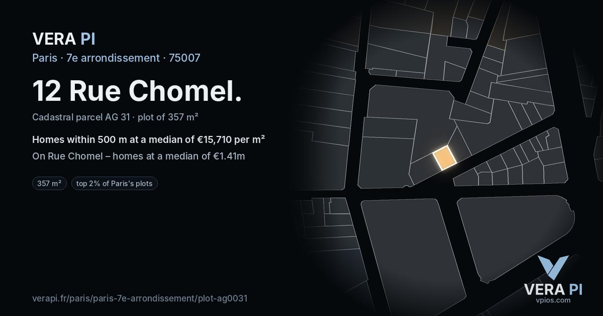 12 Rue Chomel, 7e arrondissement at night – the plot lit, the parcels around coloured by the prices near them