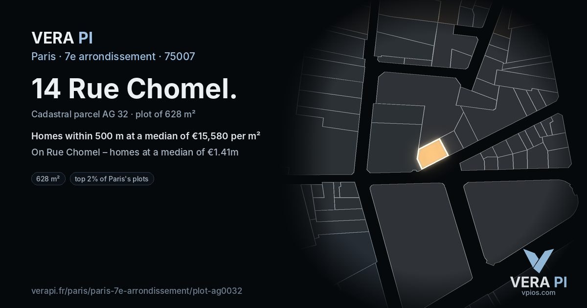 14 Rue Chomel, 7e arrondissement at night – the plot lit, the parcels around coloured by the prices near them