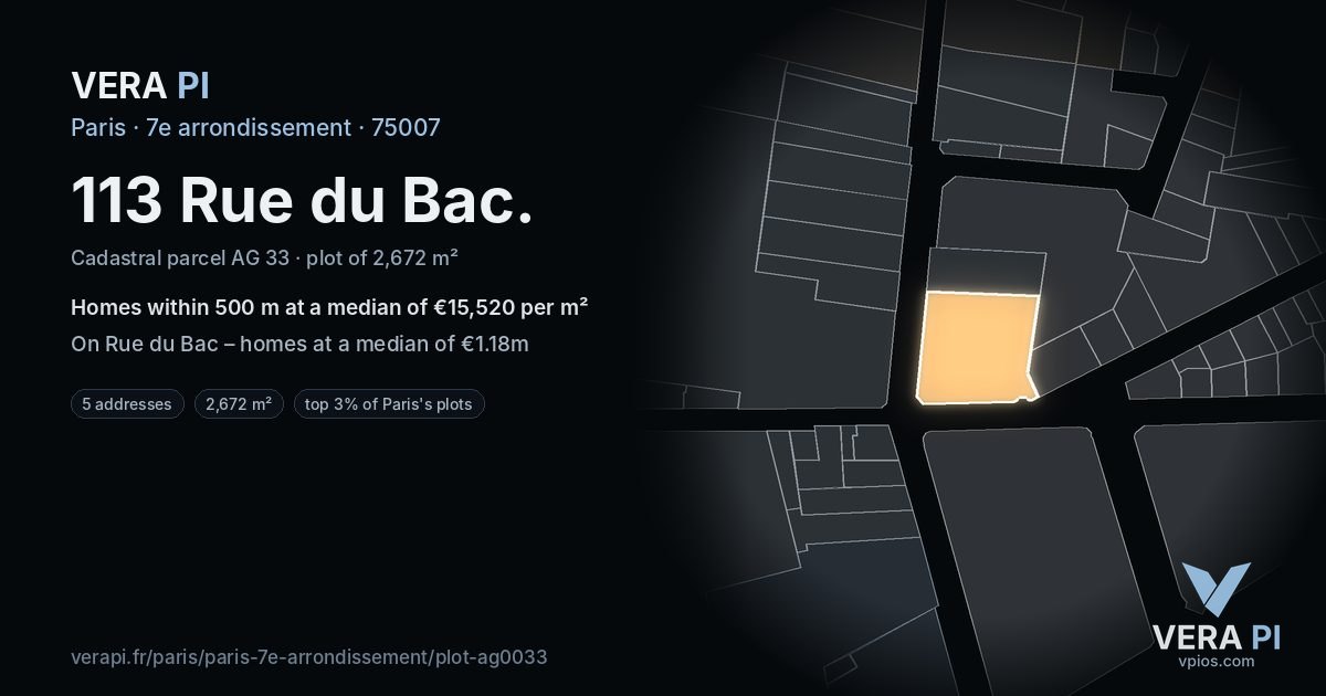 113 Rue du Bac, 7e arrondissement at night – the plot lit, the parcels around coloured by the prices near them