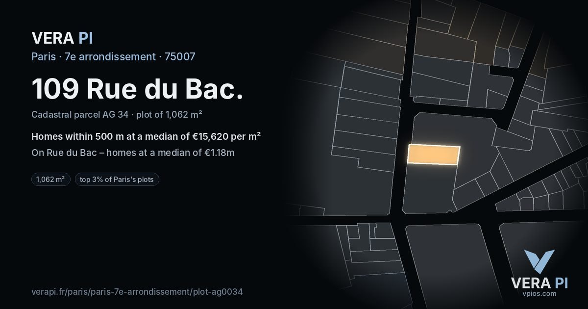 109 Rue du Bac, 7e arrondissement at night – the plot lit, the parcels around coloured by the prices near them
