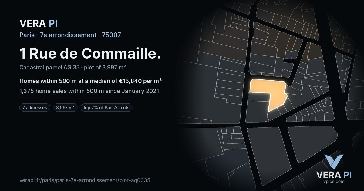 1 Rue de Commaille, 7e arrondissement at night – the plot lit, the parcels around coloured by the prices near them