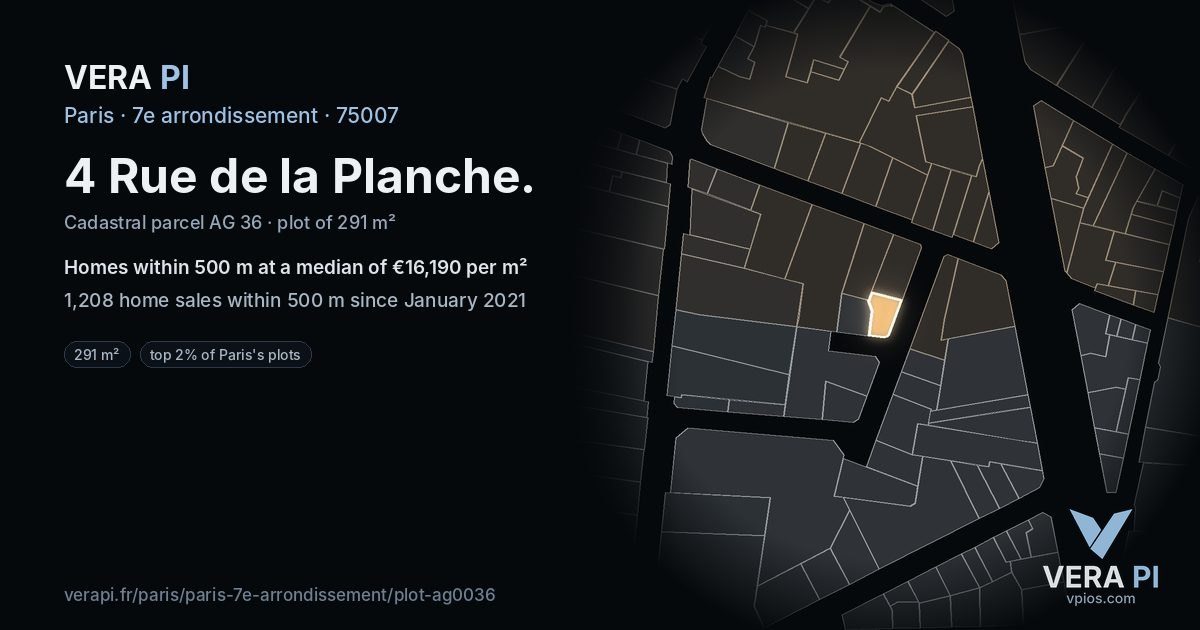 4 Rue de la Planche, 7e arrondissement at night – the plot lit, the parcels around coloured by the prices near them