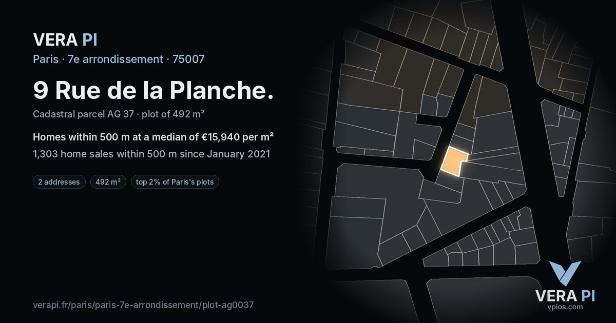 9 Rue de la Planche, 7e arrondissement at night – the plot lit, the parcels around coloured by the prices near them