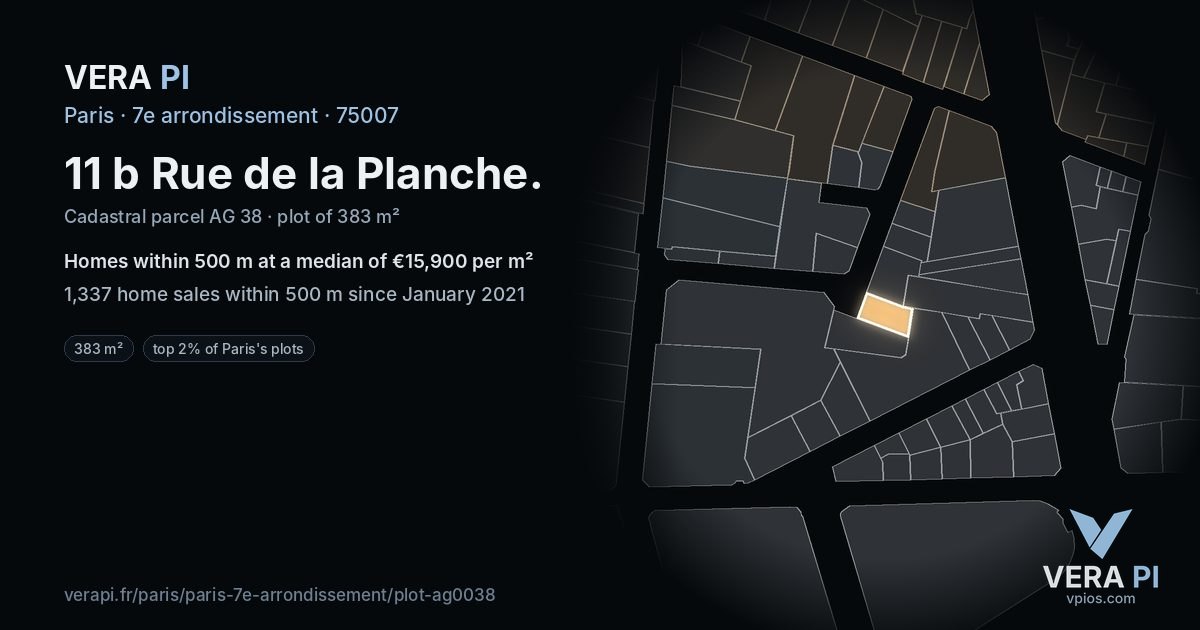 11 b Rue de la Planche, 7e arrondissement at night – the plot lit, the parcels around coloured by the prices near them