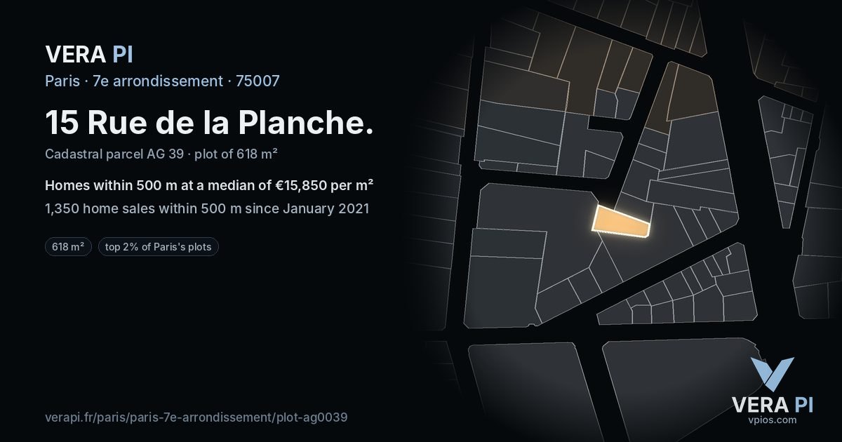 15 Rue de la Planche, 7e arrondissement at night – the plot lit, the parcels around coloured by the prices near them