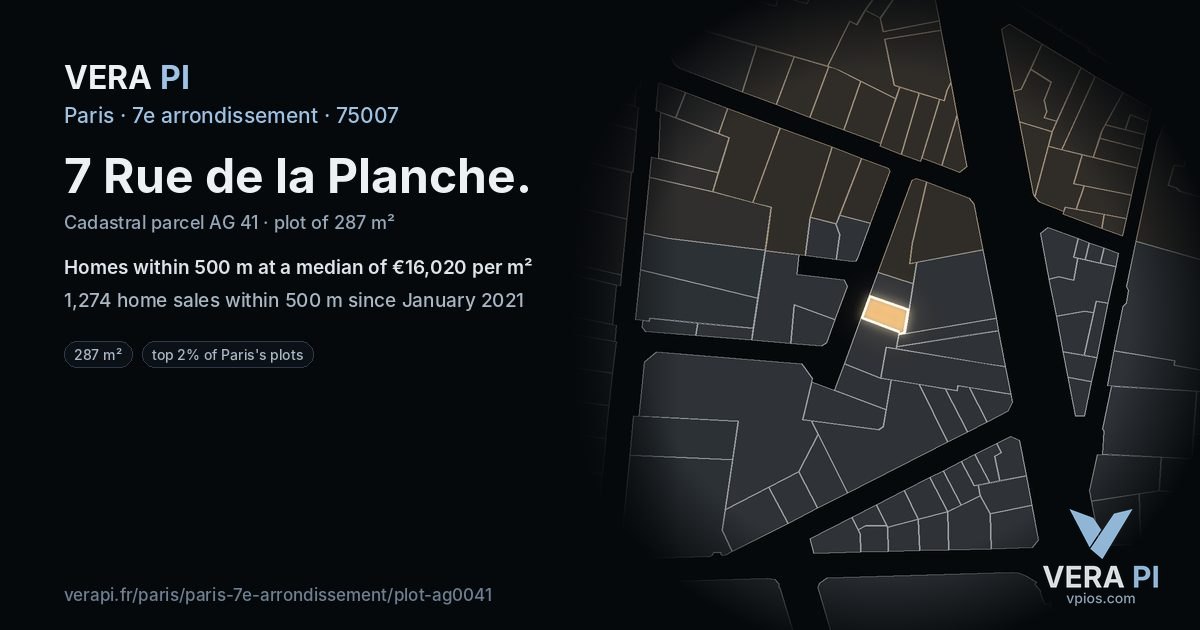7 Rue de la Planche, 7e arrondissement at night – the plot lit, the parcels around coloured by the prices near them