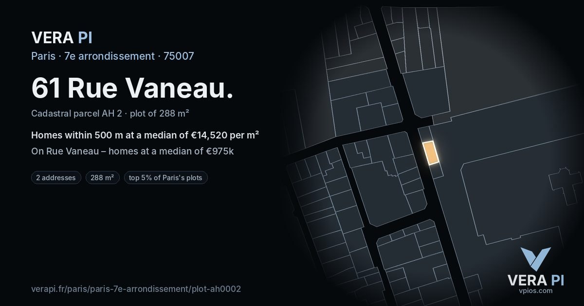 61 Rue Vaneau, 7e arrondissement at night – the plot lit, the parcels around coloured by the prices near them