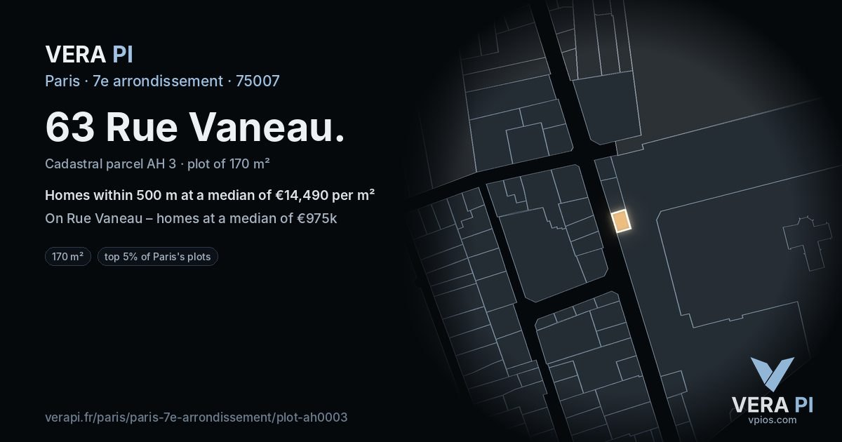 63 Rue Vaneau, 7e arrondissement at night – the plot lit, the parcels around coloured by the prices near them