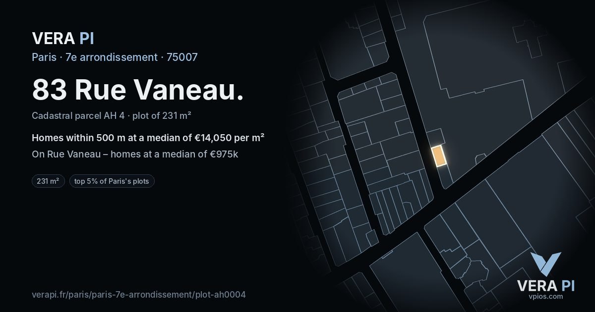 83 Rue Vaneau, 7e arrondissement at night – the plot lit, the parcels around coloured by the prices near them