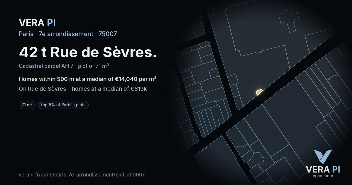 42 t Rue de Sèvres, 7e arrondissement at night – the plot lit, the parcels around coloured by the prices near them