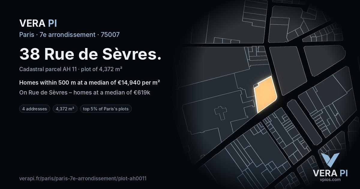 38 Rue de Sèvres, 7e arrondissement at night – the plot lit, the parcels around coloured by the prices near them