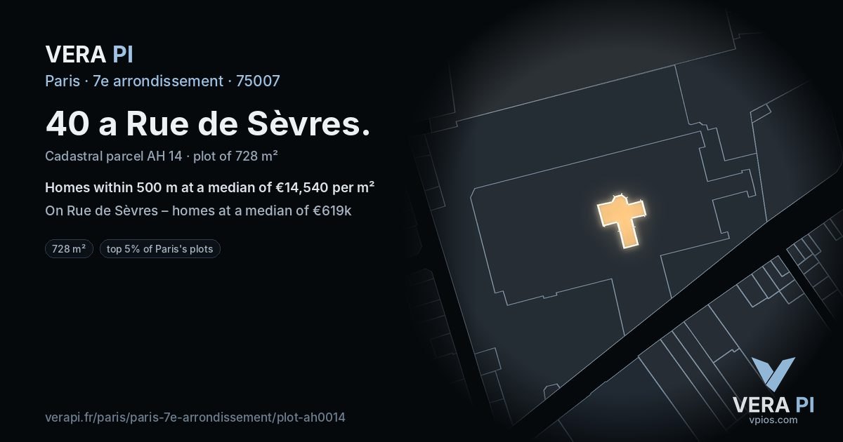 40 a Rue de Sèvres, 7e arrondissement at night – the plot lit, the parcels around coloured by the prices near them