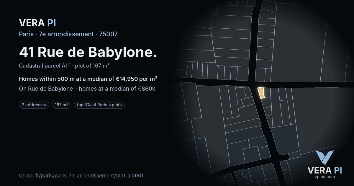 41 Rue de Babylone, 7e arrondissement at night – the plot lit, the parcels around coloured by the prices near them