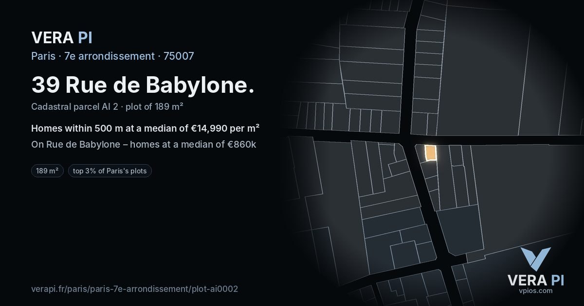 39 Rue de Babylone, 7e arrondissement at night – the plot lit, the parcels around coloured by the prices near them