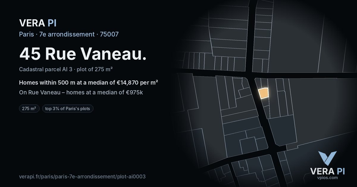 45 Rue Vaneau, 7e arrondissement at night – the plot lit, the parcels around coloured by the prices near them
