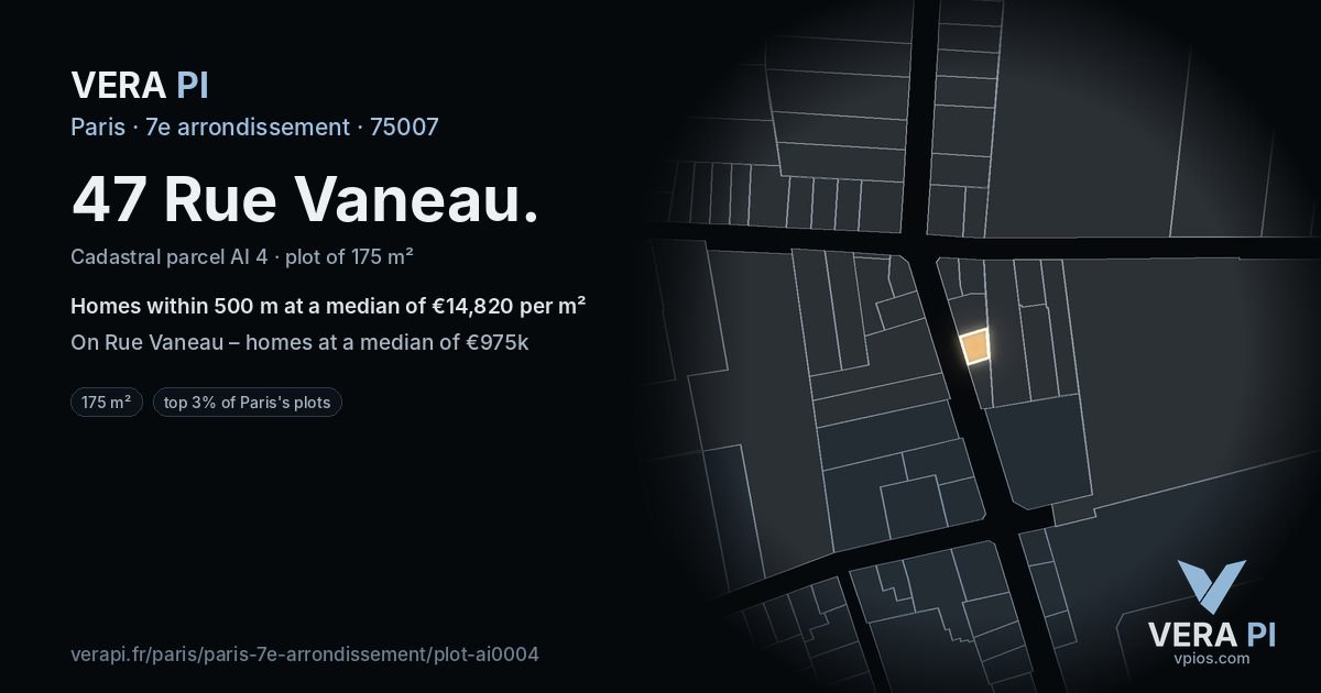 47 Rue Vaneau, 7e arrondissement at night – the plot lit, the parcels around coloured by the prices near them