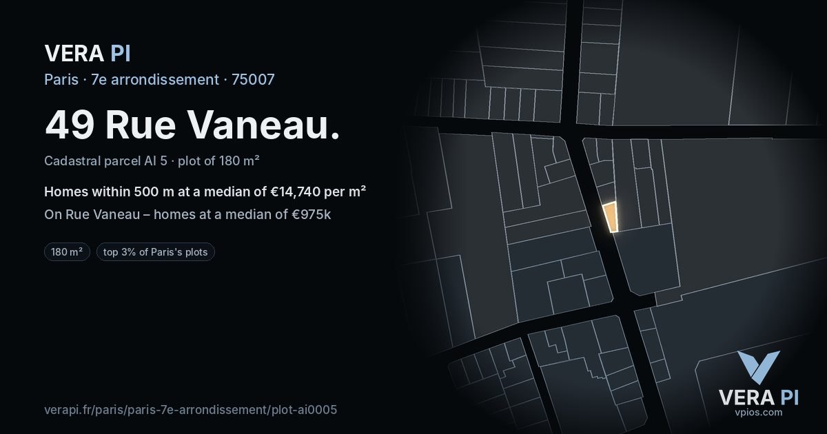 49 Rue Vaneau, 7e arrondissement at night – the plot lit, the parcels around coloured by the prices near them