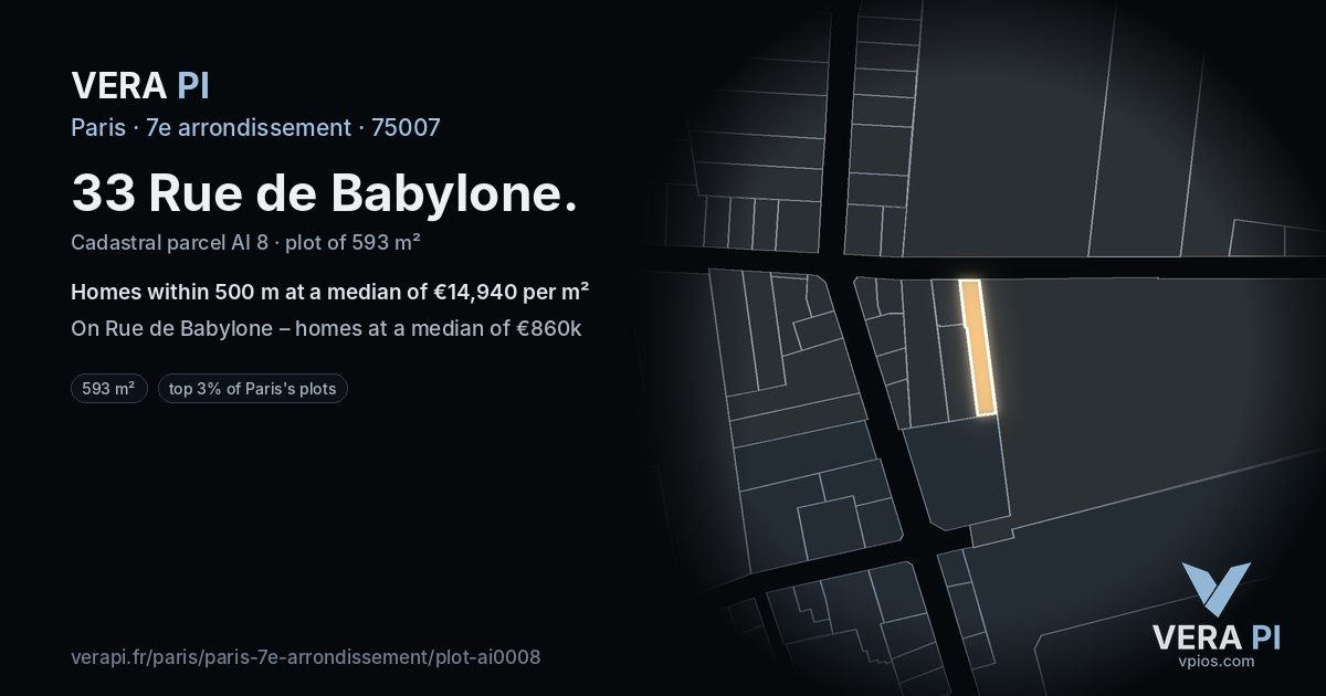 33 Rue de Babylone, 7e arrondissement at night – the plot lit, the parcels around coloured by the prices near them