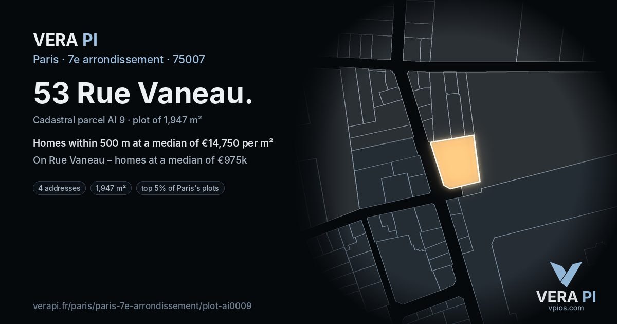 53 Rue Vaneau, 7e arrondissement at night – the plot lit, the parcels around coloured by the prices near them