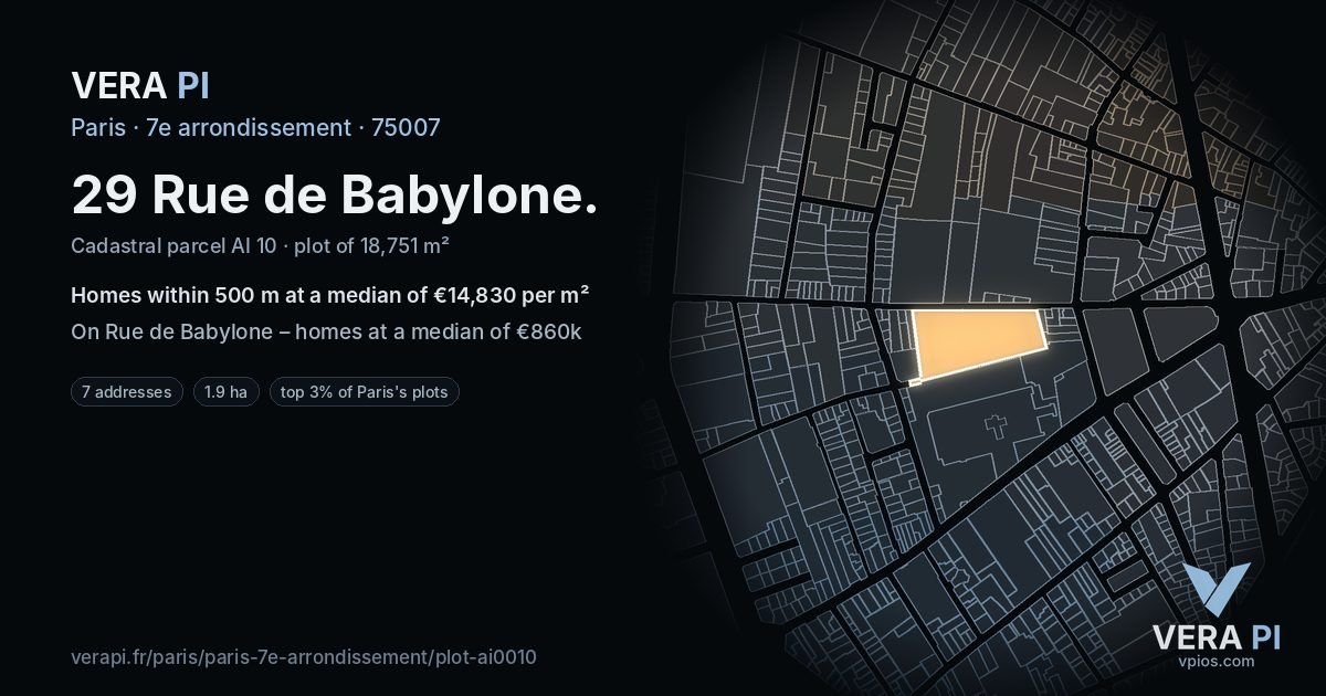 29 Rue de Babylone, 7e arrondissement at night – the plot lit, the parcels around coloured by the prices near them