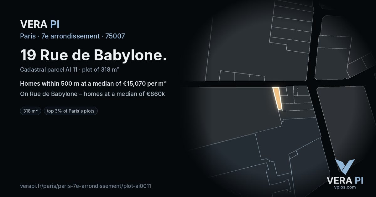 19 Rue de Babylone, 7e arrondissement at night – the plot lit, the parcels around coloured by the prices near them