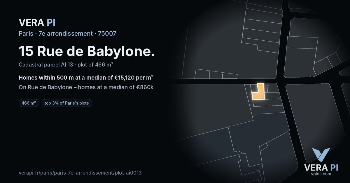 15 Rue de Babylone, 7e arrondissement at night – the plot lit, the parcels around coloured by the prices near them