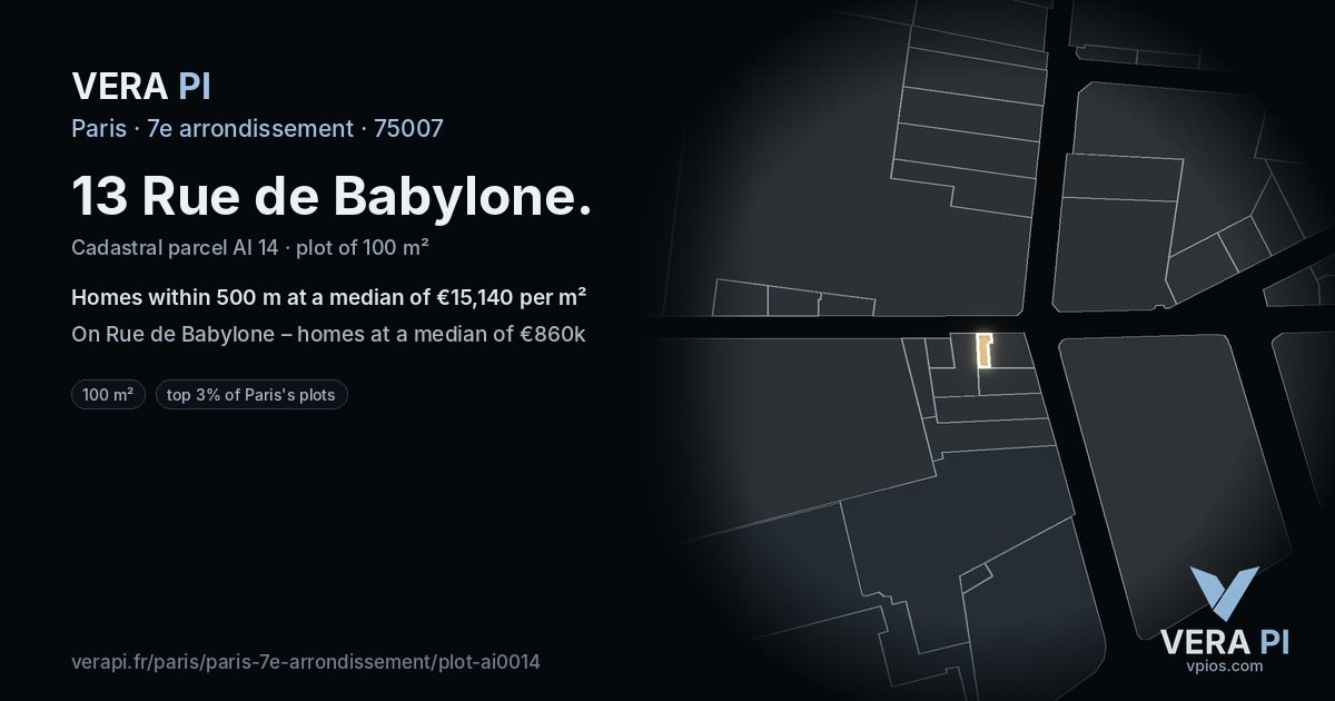 13 Rue de Babylone, 7e arrondissement at night – the plot lit, the parcels around coloured by the prices near them