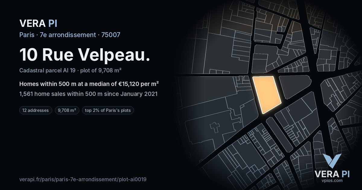 10 Rue Velpeau, 7e arrondissement at night – the plot lit, the parcels around coloured by the prices near them