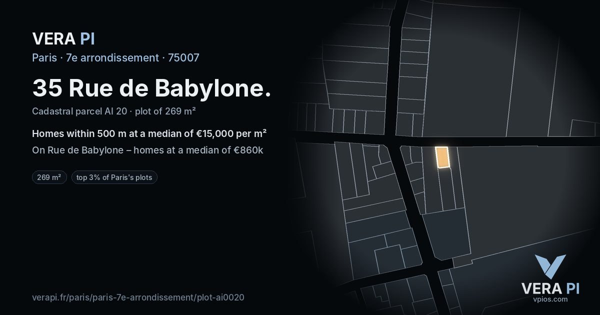 35 Rue de Babylone, 7e arrondissement at night – the plot lit, the parcels around coloured by the prices near them