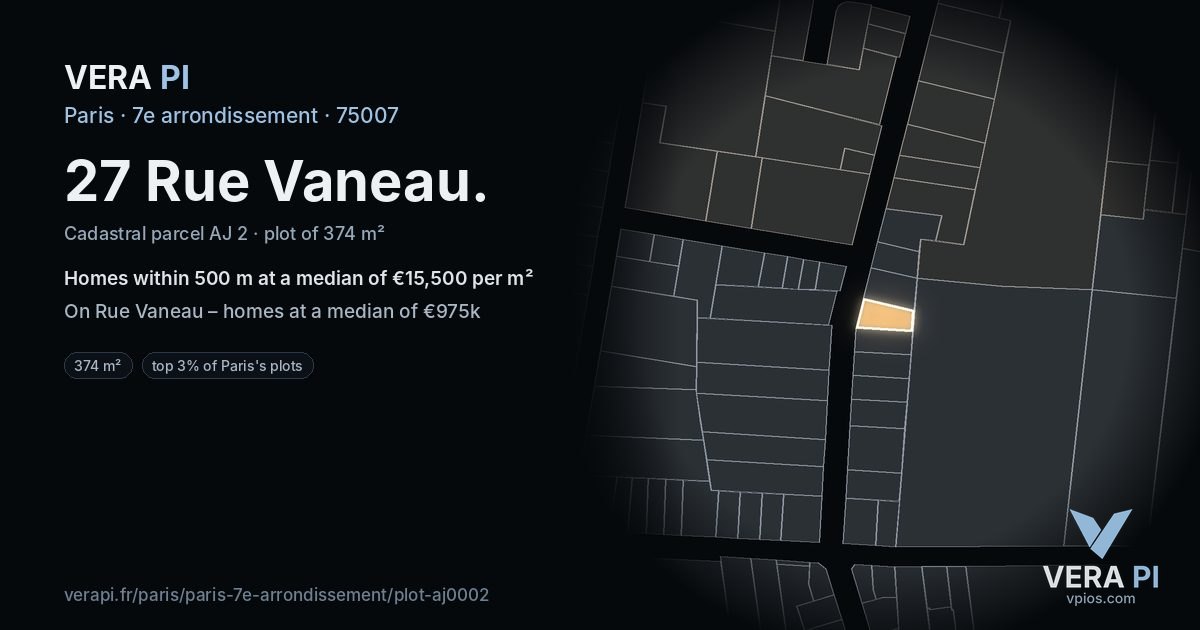 27 Rue Vaneau, 7e arrondissement at night – the plot lit, the parcels around coloured by the prices near them
