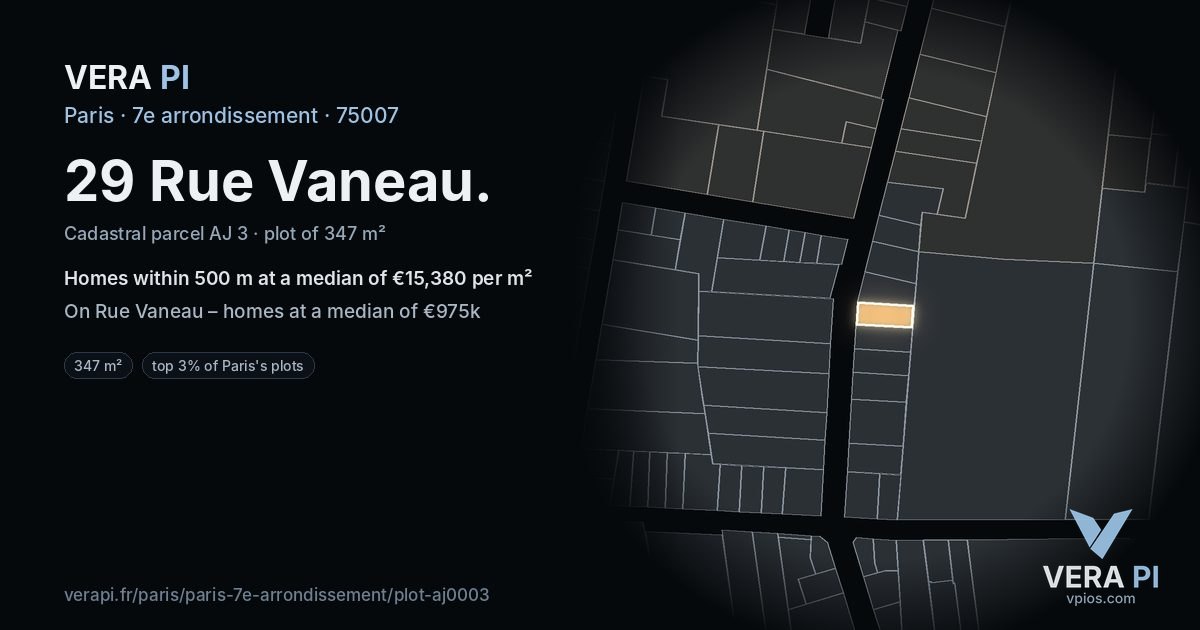 29 Rue Vaneau, 7e arrondissement at night – the plot lit, the parcels around coloured by the prices near them
