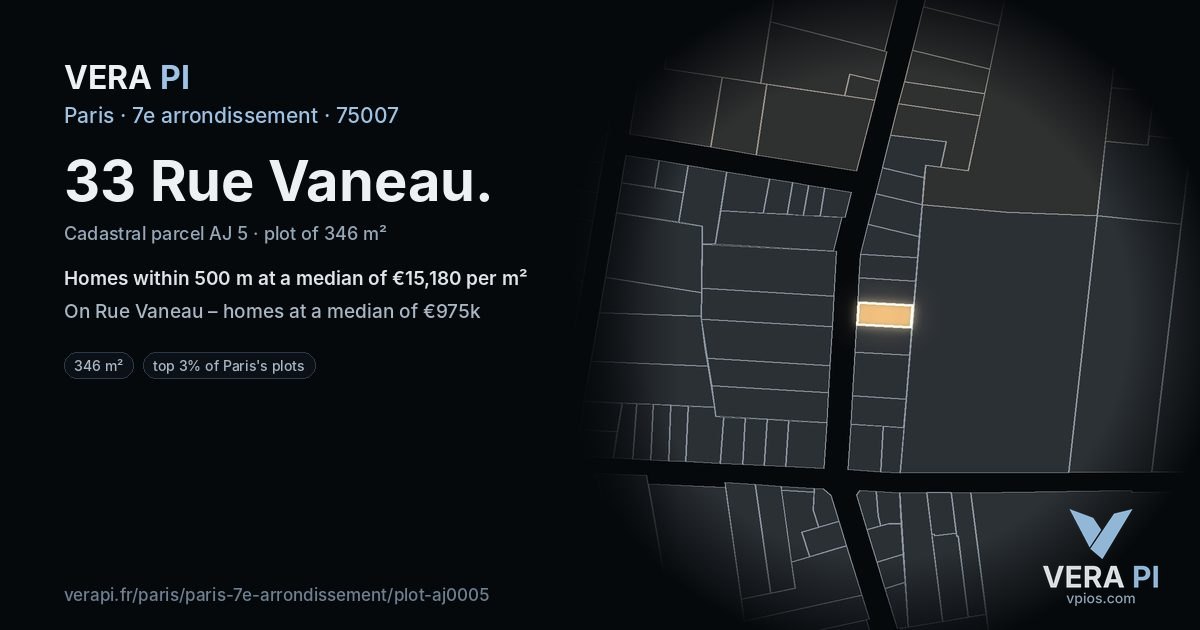 33 Rue Vaneau, 7e arrondissement at night – the plot lit, the parcels around coloured by the prices near them