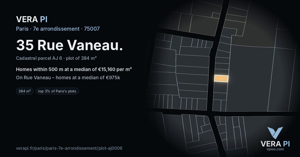 35 Rue Vaneau, 7e arrondissement at night – the plot lit, the parcels around coloured by the prices near them