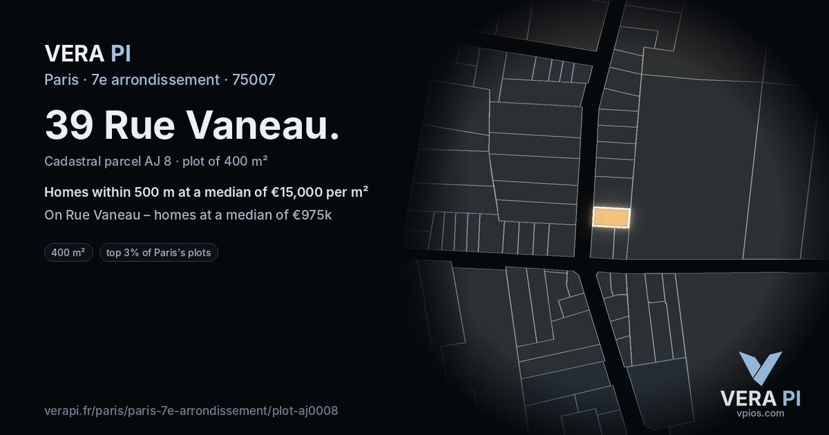 39 Rue Vaneau, 7e arrondissement at night – the plot lit, the parcels around coloured by the prices near them