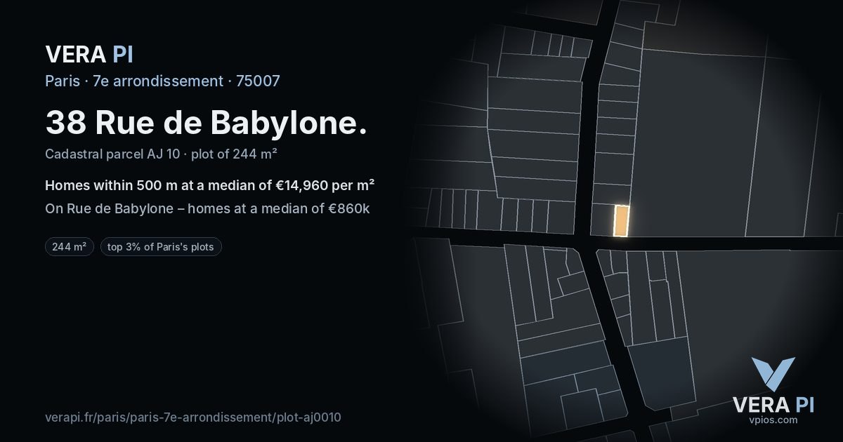 38 Rue de Babylone, 7e arrondissement at night – the plot lit, the parcels around coloured by the prices near them