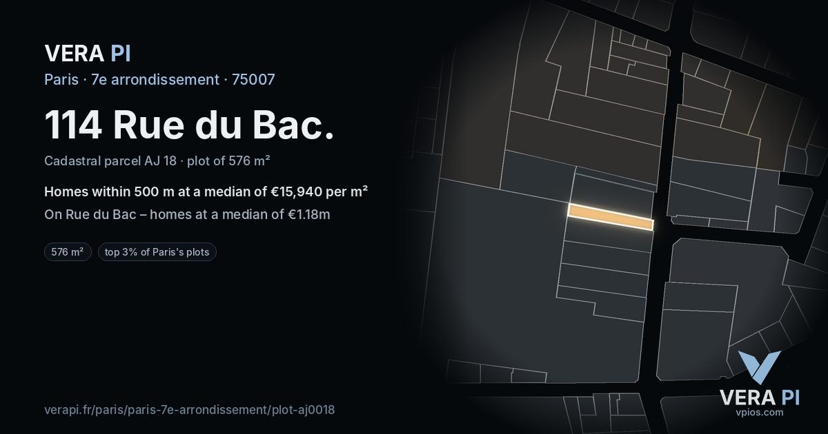 114 Rue du Bac, 7e arrondissement at night – the plot lit, the parcels around coloured by the prices near them