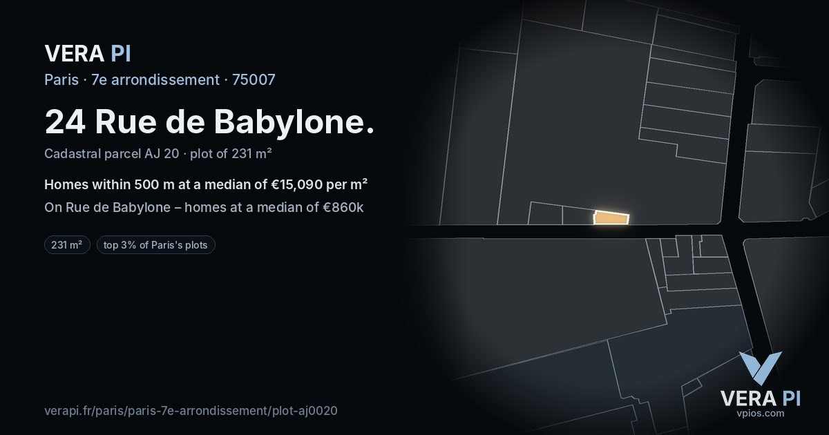 24 Rue de Babylone, 7e arrondissement at night – the plot lit, the parcels around coloured by the prices near them
